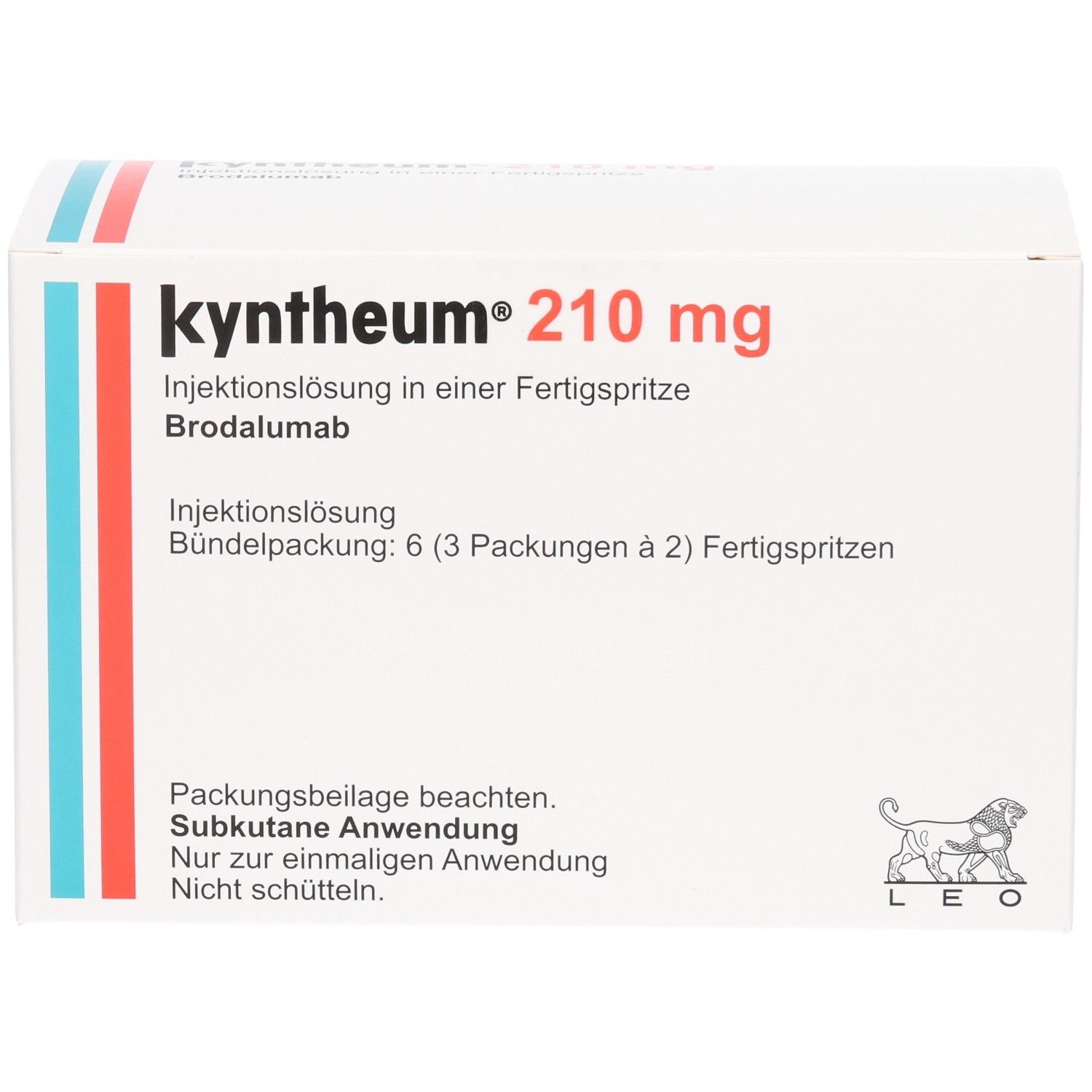 Weiße Kartonverpackung. Aufschrift: Kyntheum 210 mg Injektionslösung. Enthält 6 Packungen à 2 Fertigspritzen. Logo: Löwe.