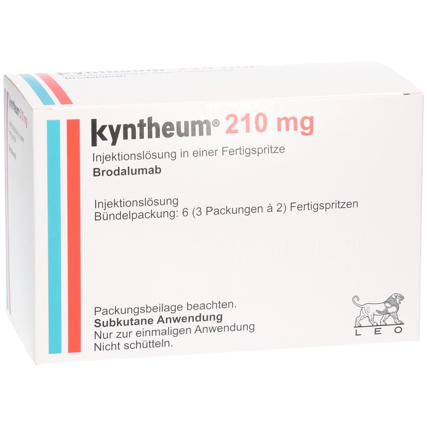 Weiße Kartonverpackung. Aufschrift: Kyntheum 210 mg Injektionslösung. Enthält 6 Packungen à 2 Fertigspritzen. Logo: Löwe.