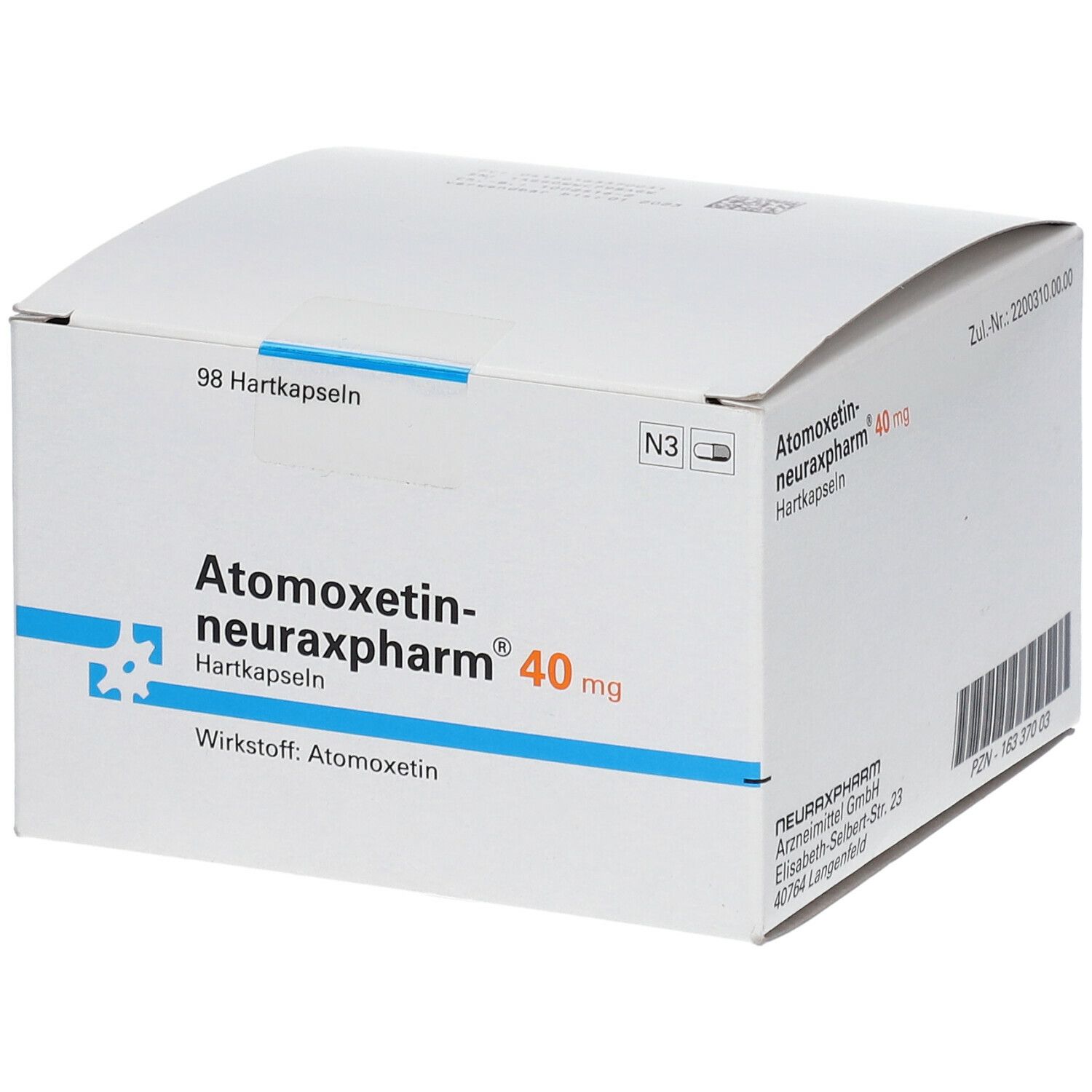 Weiße Faltschachtel mit Atomoxetin-Neuraxpharm 40 mg Hartkapseln. Aufdrucke: Name, Dosierung, Wirkstoff, Packungsinhalt.