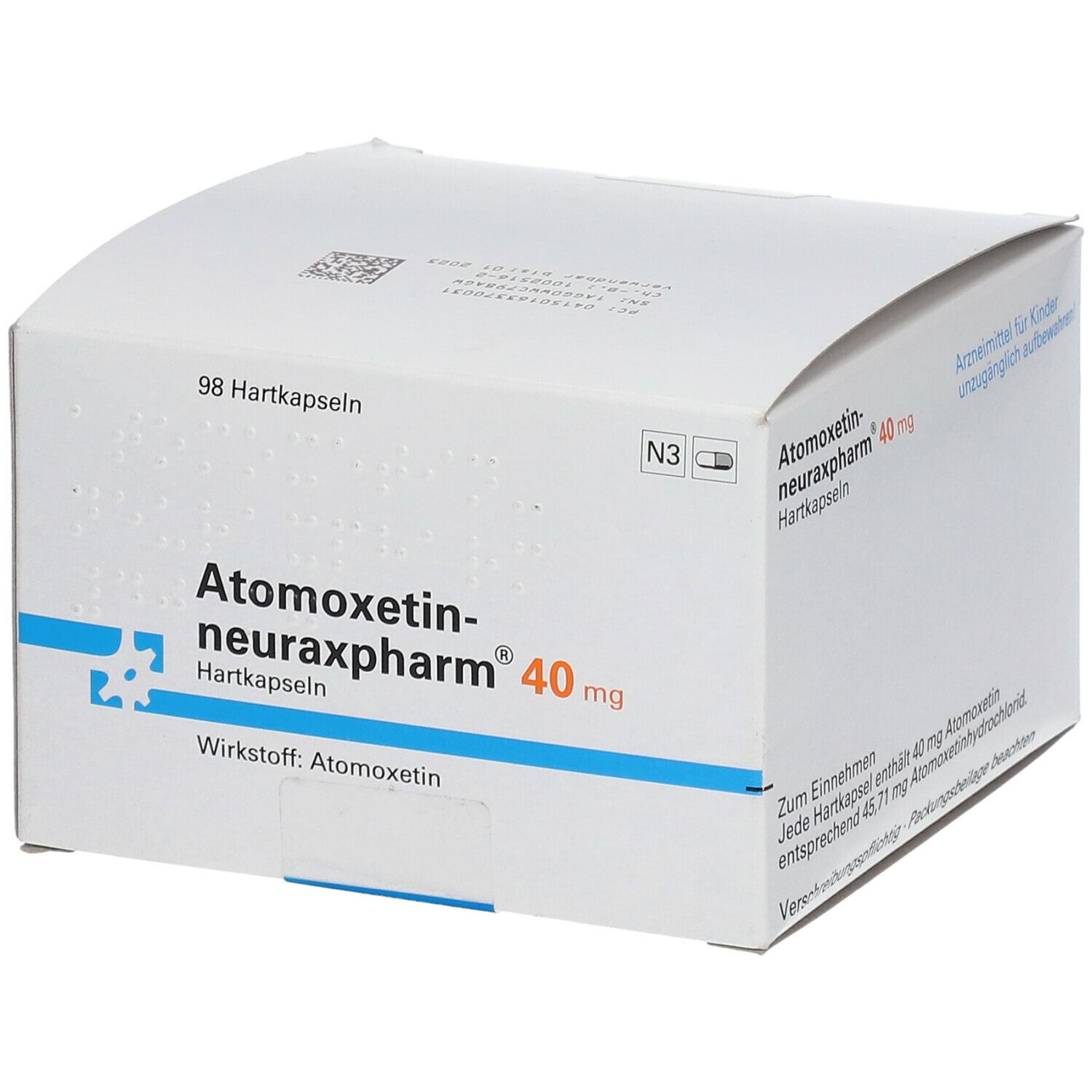 Weiße Faltschachtel mit Atomoxetin-Neuraxpharm 40 mg Hartkapseln. Aufdrucke: Name, Dosierung, Wirkstoff, Packungsinhalt.