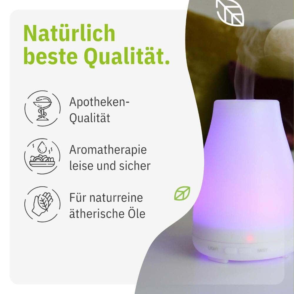 Aroma Diffusor mit violettem Licht. Text: 'Natürlich beste Qualität'. Apotheken-Qualität, Aromatherapie, naturreine Öle.