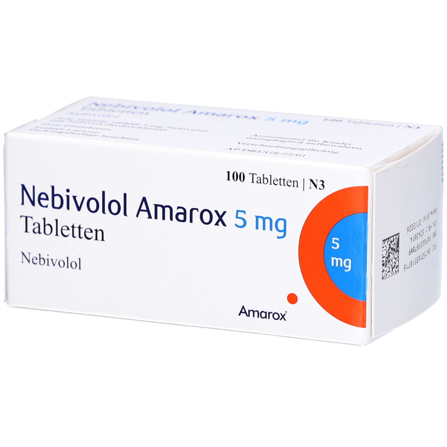 Schachtel mit Nebivolol Amarox 5 mg Tabletten. Aufschrift: 100 Tabletten, 5 mg. Orangefarbener Kreis mit 5 mg.