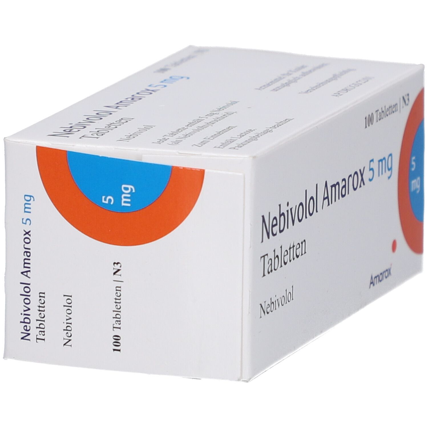 Schachtel mit Nebivolol Amarox 5 mg Tabletten. Aufschrift: 100 Tabletten, 5 mg. Orangefarbener Kreis mit 5 mg. Schachtel schräg.