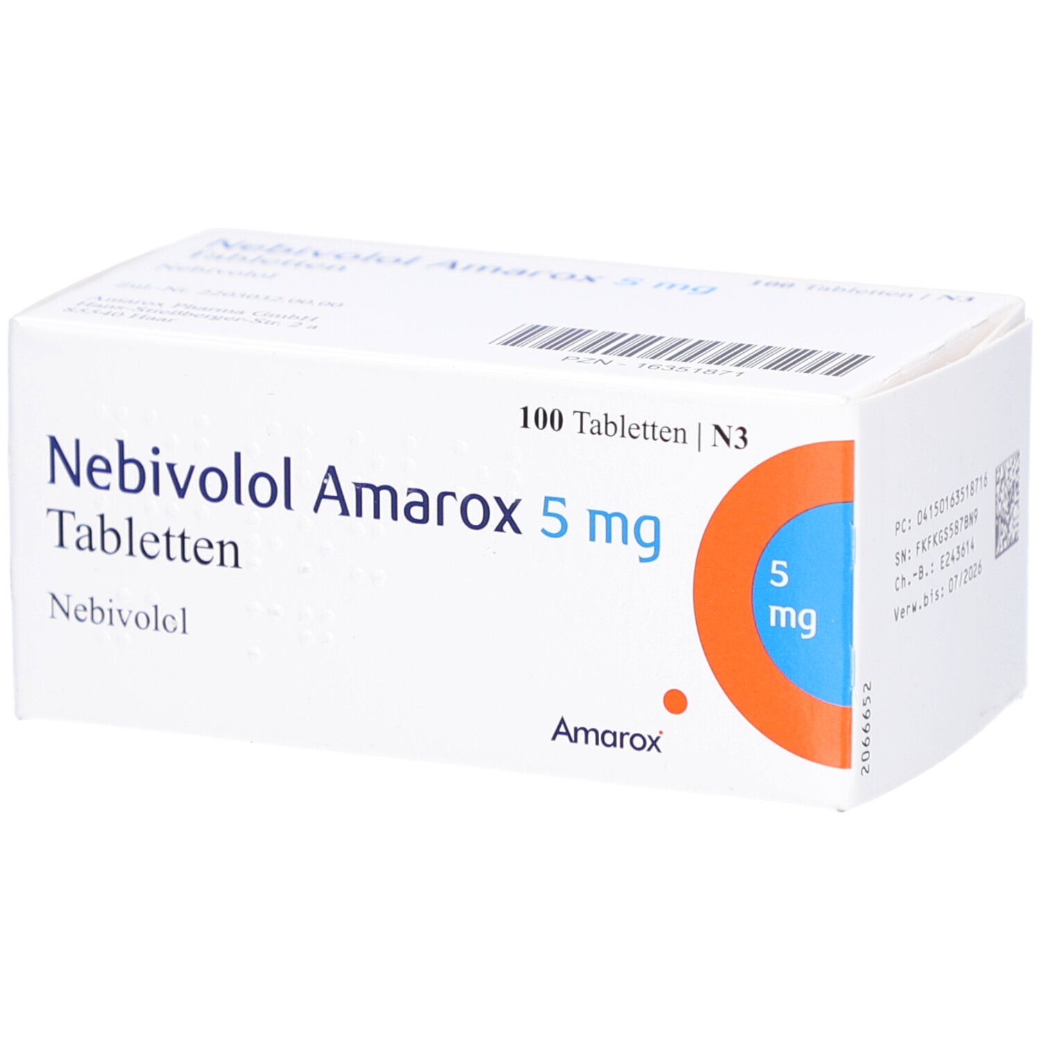 Schachtel mit Nebivolol Amarox 5 mg Tabletten. Aufschrift: 100 Tabletten, 5 mg. Orangefarbener Kreis mit 5 mg.