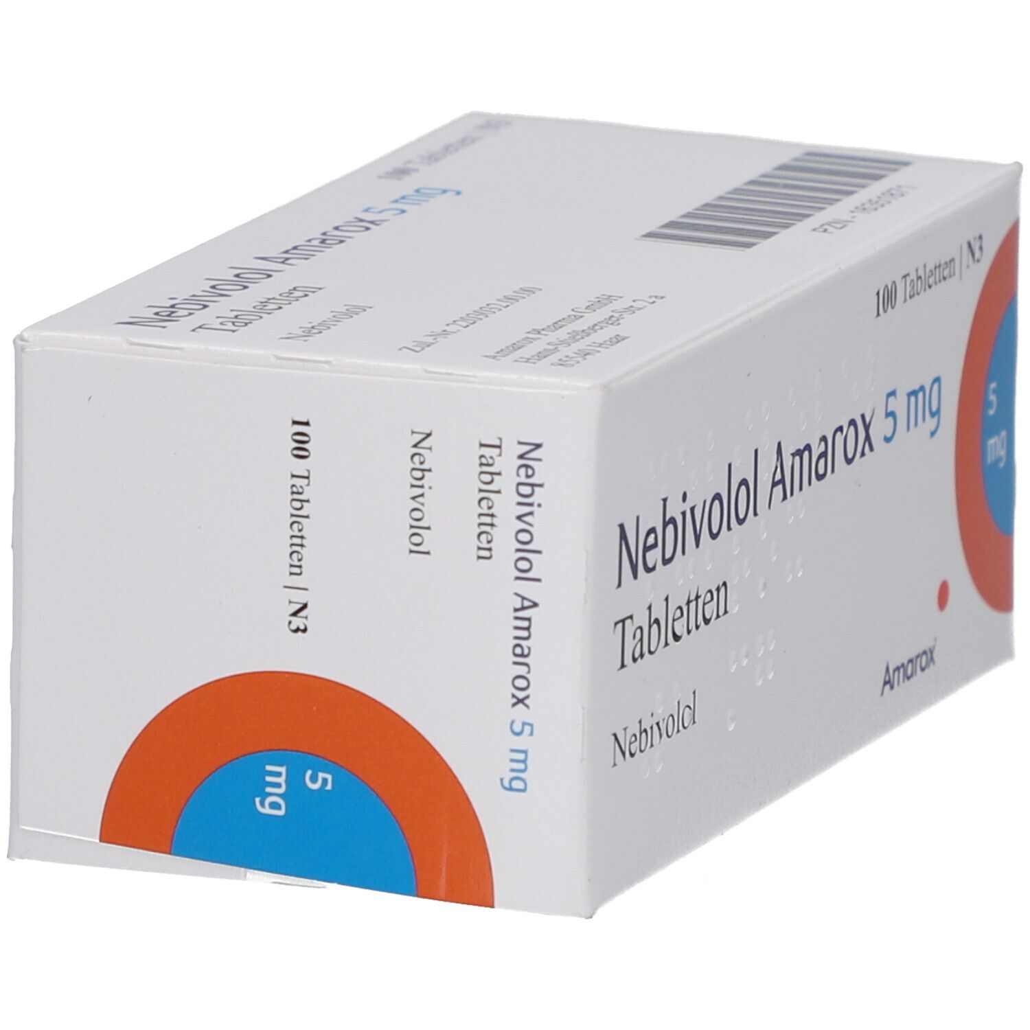 Schachtel mit Nebivolol Amarox 5 mg Tabletten. Aufschrift: 100 Tabletten, 5 mg. Orangefarbener Kreis mit 5 mg.