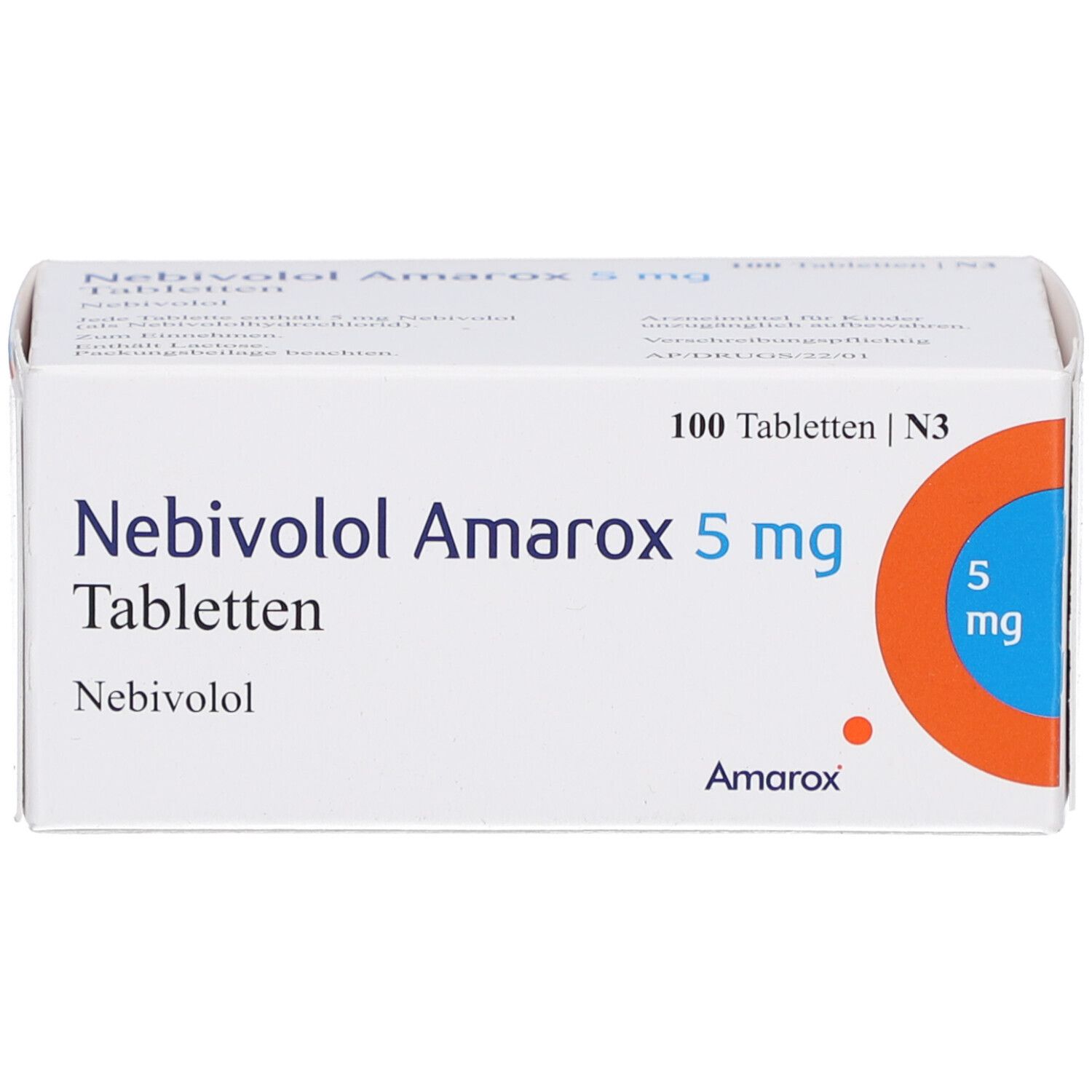 Schachtel mit Nebivolol Amarox 5 mg Tabletten. Aufschrift: 100 Tabletten, 5 mg. Orangefarbener Kreis mit 5 mg.