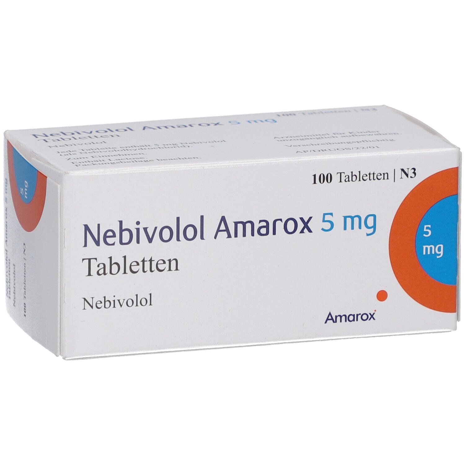 Schachtel mit Nebivolol Amarox 5 mg Tabletten. Aufschrift: 100 Tabletten, 5 mg. Orangefarbener Kreis mit 5 mg.