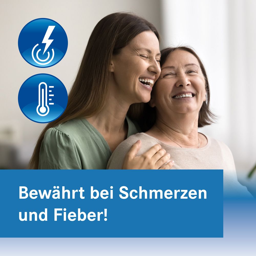 Zwei Frauen lachen. Blaue Kreise mit Symbolen. Text: Bewährt bei Schmerzen und Fieber!