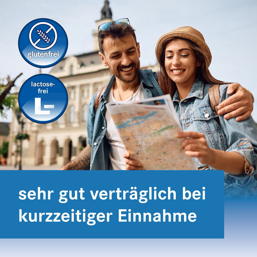 Paar mit Karte. Blaue Kreise mit Symbolen. Text: sehr gut verträglich bei kurzzeitiger Einnahme.
