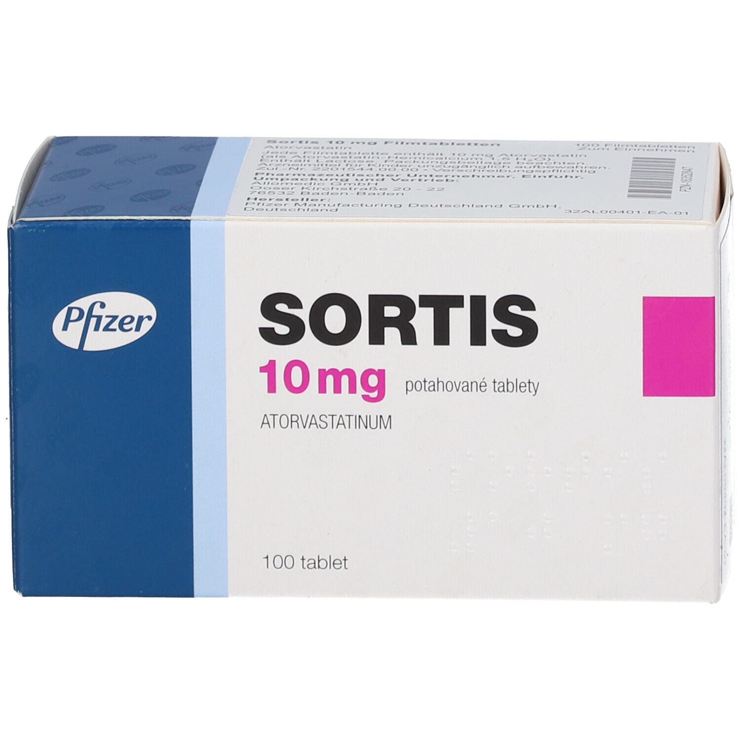 Medikamentenbox. Aufschrift: SORTIS 10 mg, Pfizer Logo, 100 Tabletten. Weiße Box mit blauen und pinken Akzenten. Draufsicht.