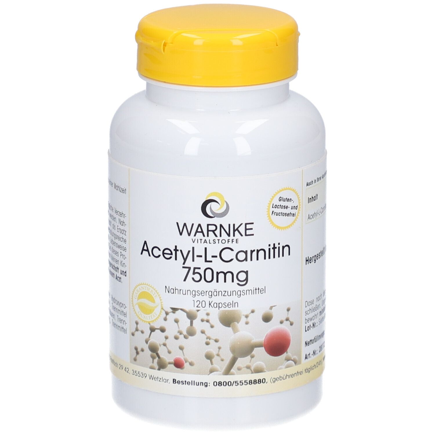 Weiße Flasche mit gelbem Deckel. Aufschrift: Warnke Acetyl-L-Carnitin 750mg. 120 Kapseln. Nahrungsergänzungsmittel.