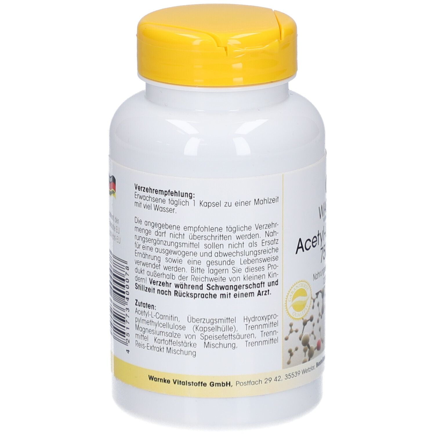 Rückseite der weißen Flasche mit gelbem Deckel. Text über Verzehrempfehlung und Inhaltsstoffe. Made in Germany.