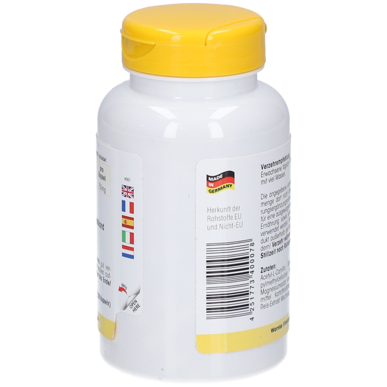 Weiße Flasche mit gelbem Deckel. Rückseite mit Text und Barcode. Made in Germany. Flaggen von EU-Ländern.