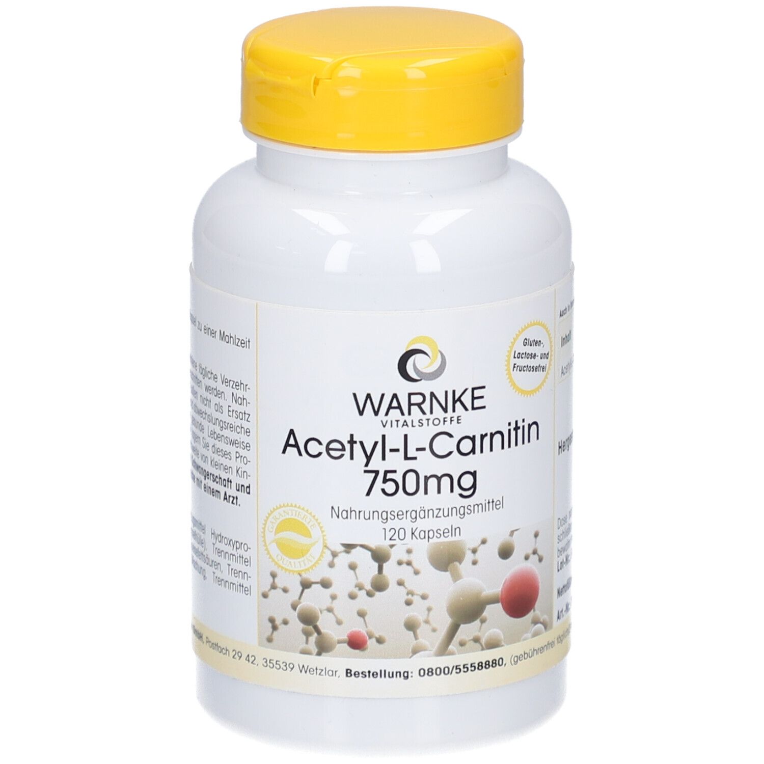 Weiße Flasche mit gelbem Deckel. Aufschrift: Warnke Acetyl-L-Carnitin 750mg. 120 Kapseln. Nahrungsergänzungsmittel.