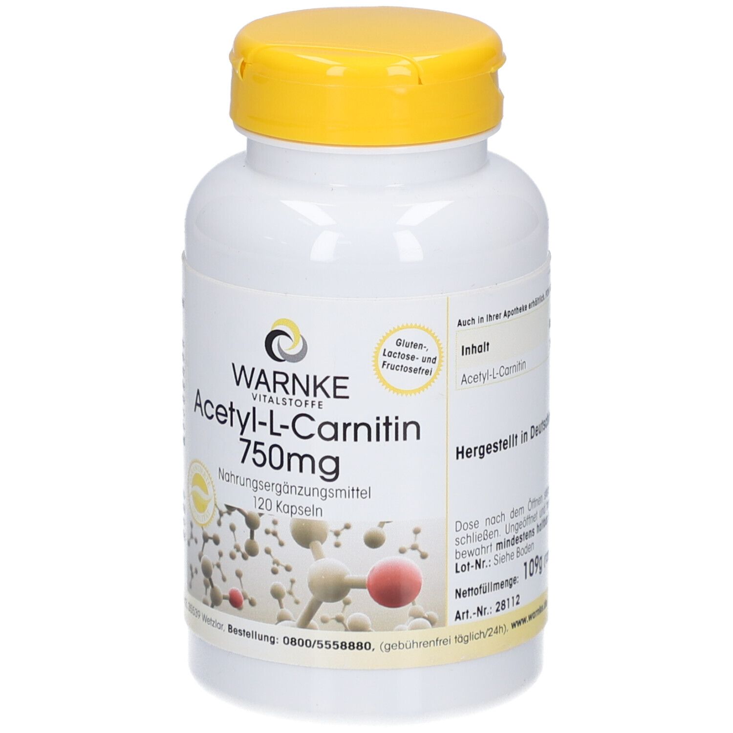 Weiße Flasche mit gelbem Deckel. Aufschrift: Warnke Acetyl-L-Carnitin 750mg. 120 Kapseln. Gluten-, Laktose- und Fructosefrei.