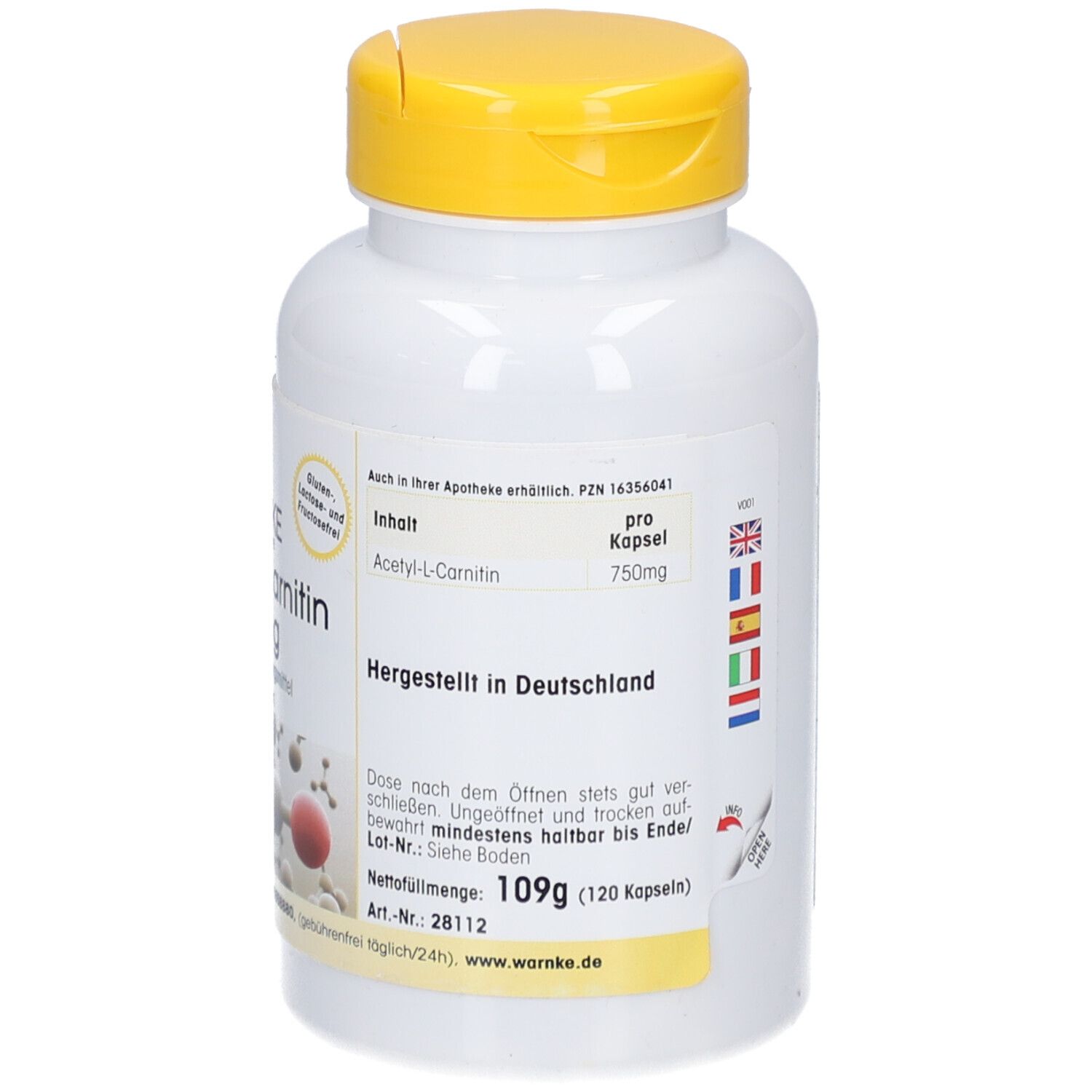 Weiße Flasche mit gelbem Deckel. Aufschrift: Warnke Acetyl-L-Carnitin 750mg. 120 Kapseln. Hergestellt in Deutschland. 109g.