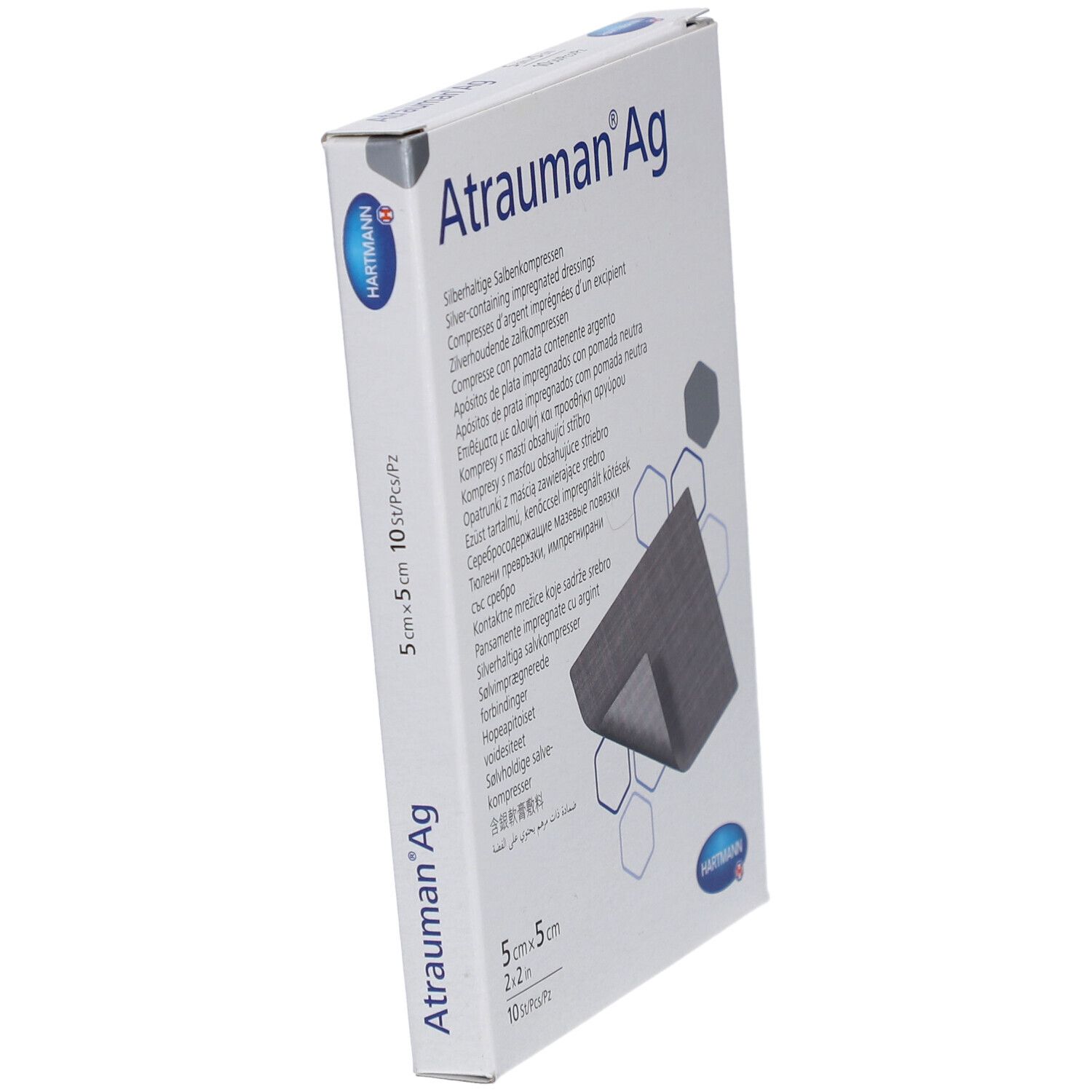 Verpackung Atrauman Ag mit seitlicher Ansicht, 5x5 cm, 10 Stück.