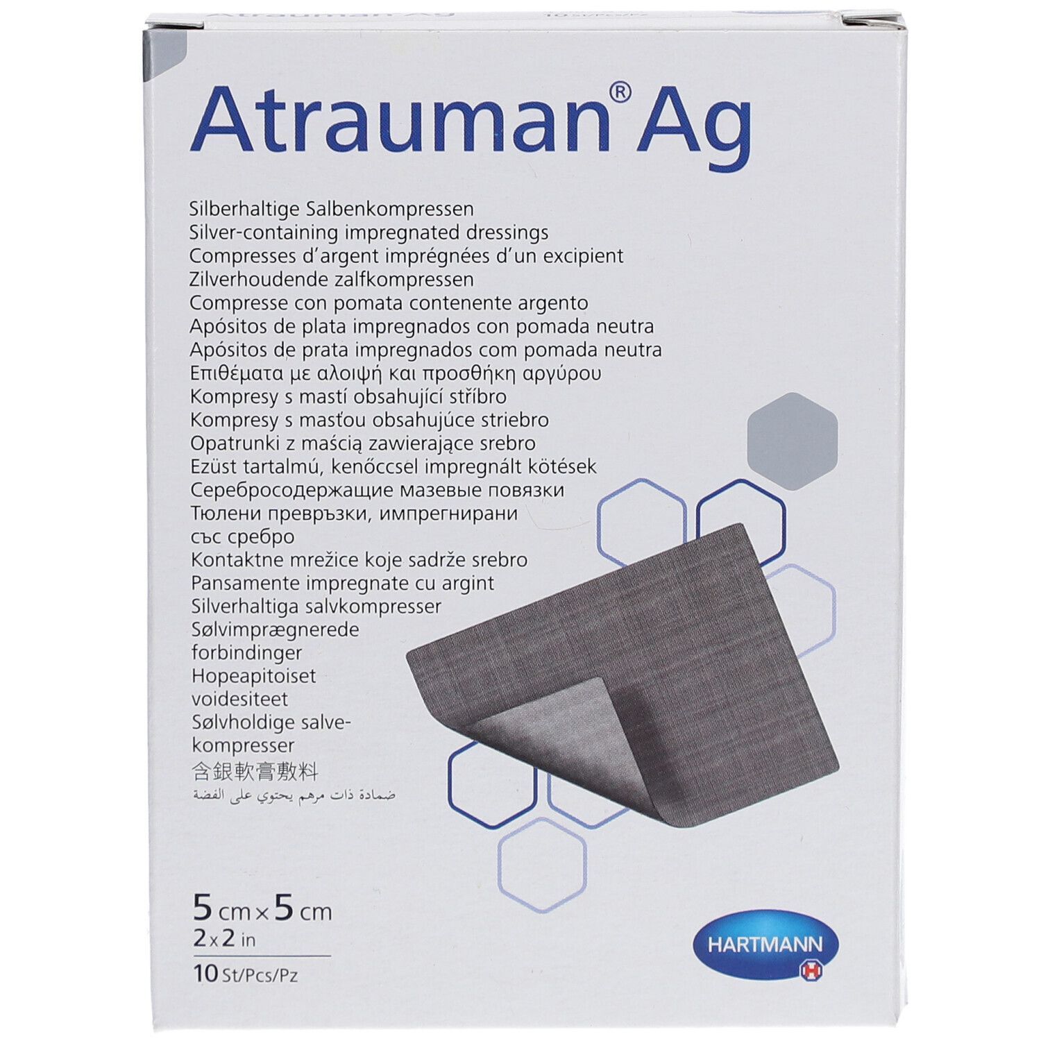 Verpackung Atrauman Ag Silberhaltige Salbenkompressen, 5x5 cm, 10 Stück.