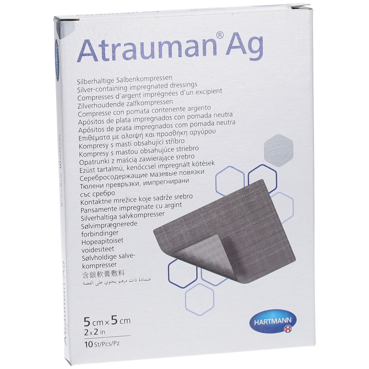 Verpackung Atrauman Ag Silberhaltige Salbenkompressen, 5x5 cm, 10 Stück.