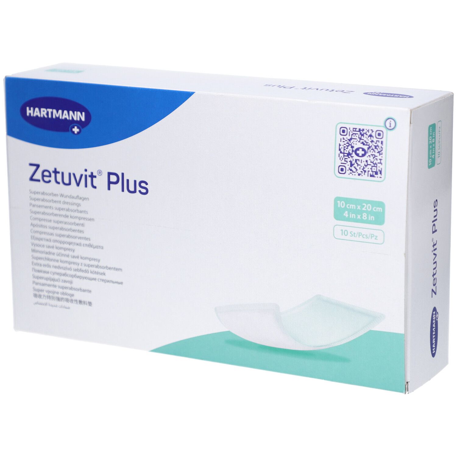 Verpackung Zetuvit Plus Superabsorber-Wundauflage 10x20 cm, 10 Stück.