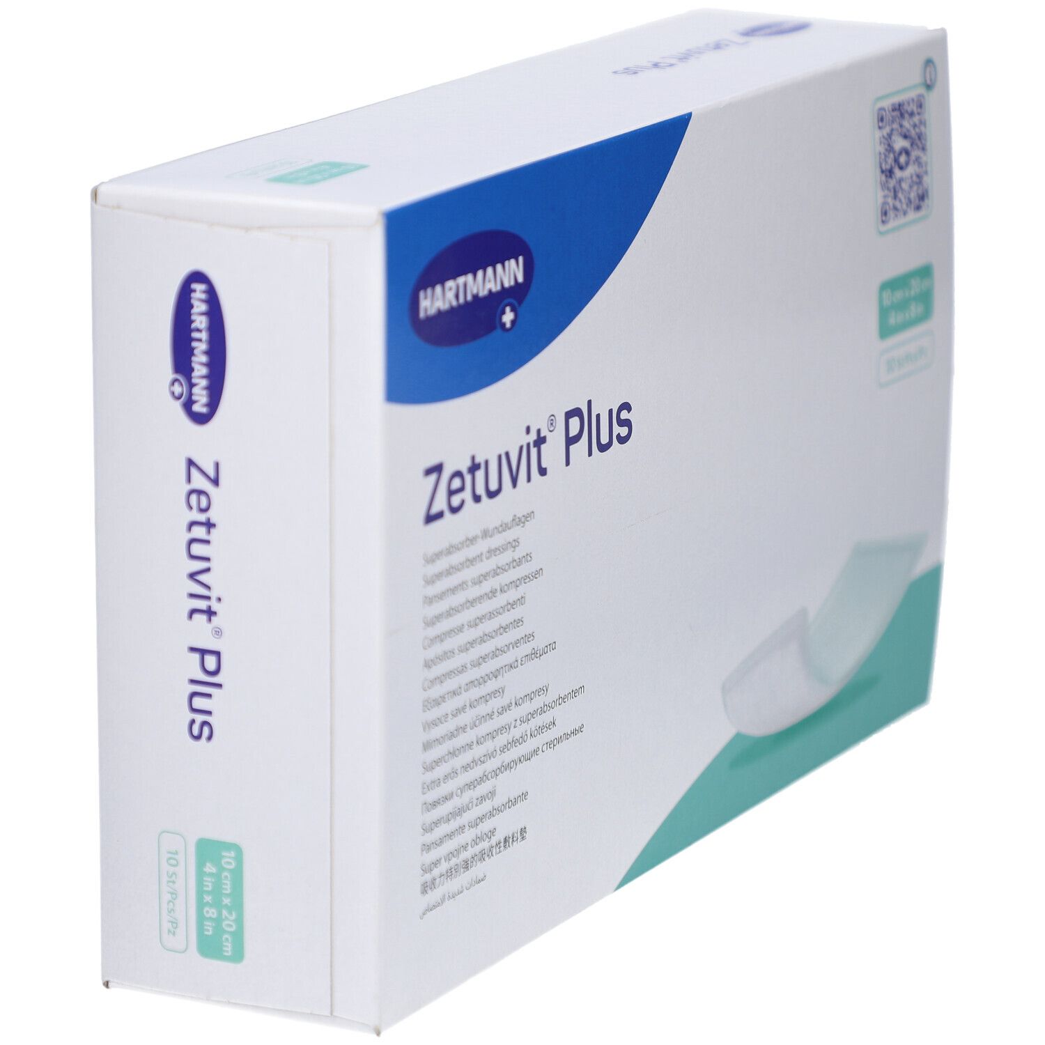 Seitenansicht der Verpackung Zetuvit Plus Superabsorber-Wundauflage, 10x20 cm.