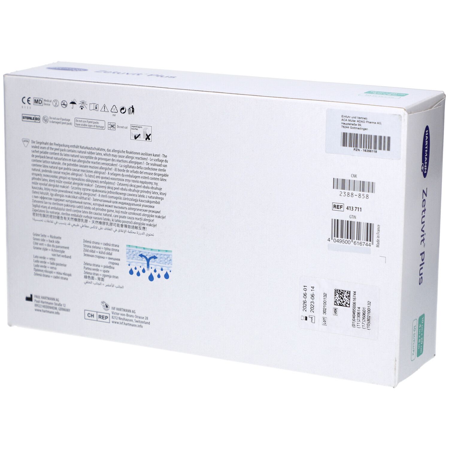 Rückseite der Verpackung Zetuvit Plus Superabsorber-Wundauflage mit Produktinformationen.