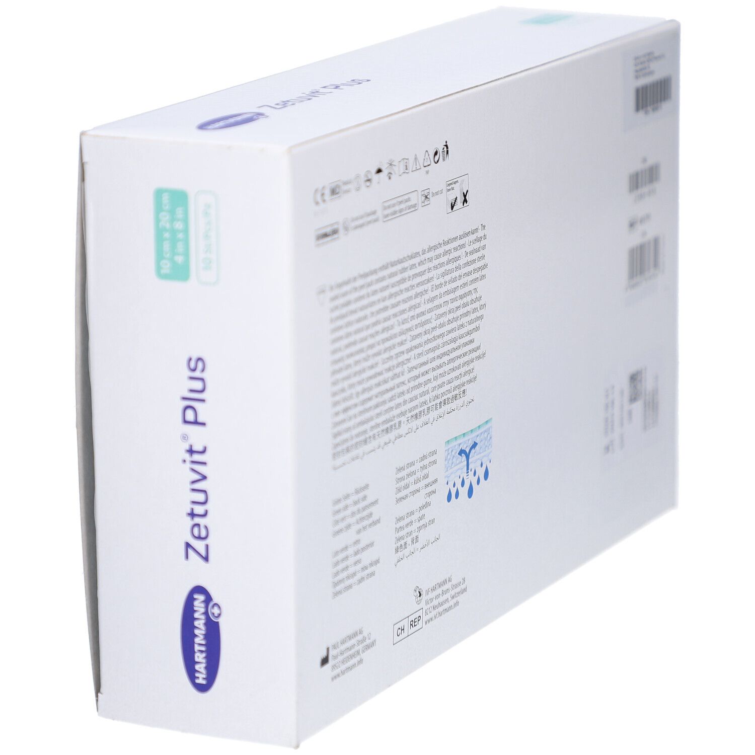 Schrägansicht der Verpackung Zetuvit Plus Superabsorber-Wundauflage, 10x20 cm.