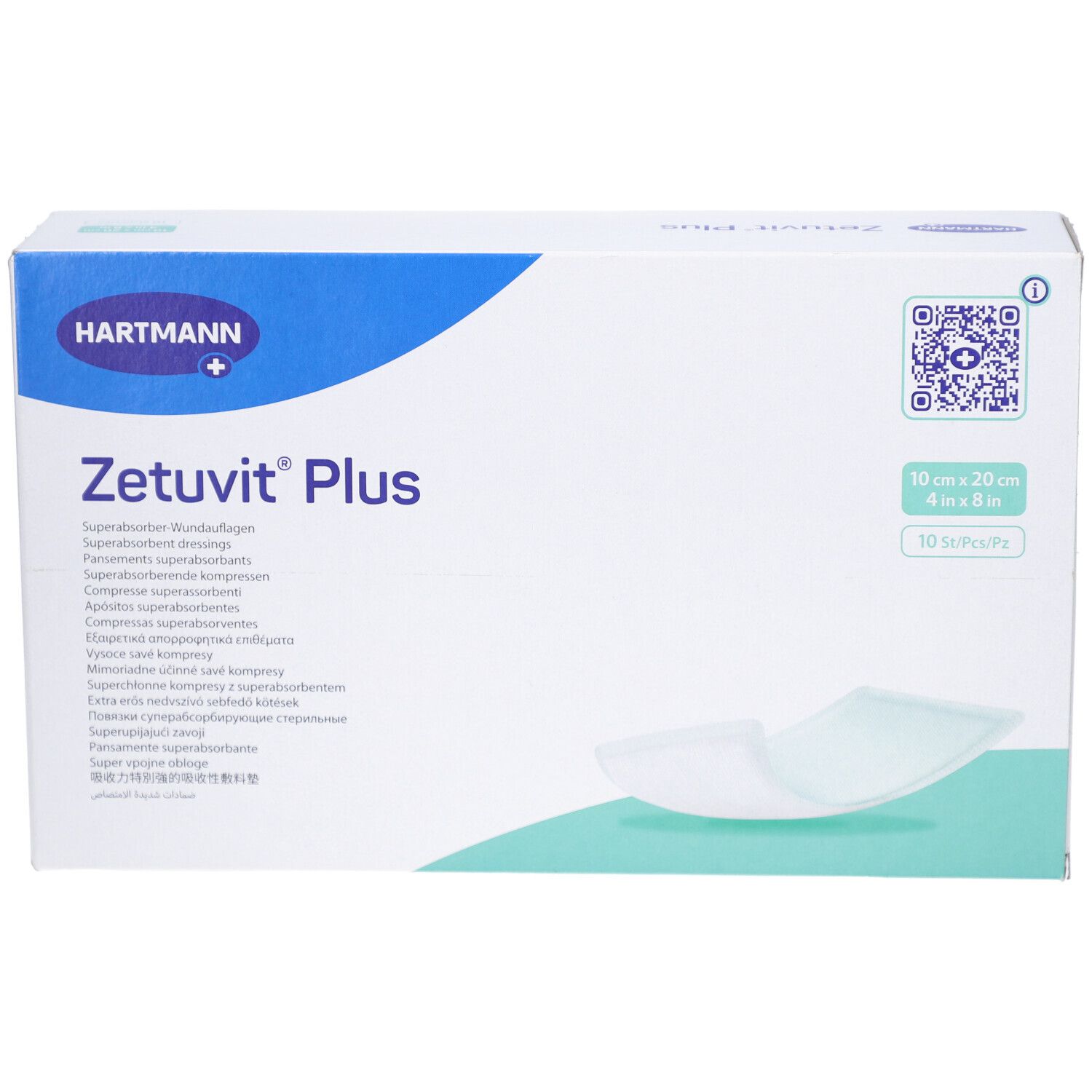 Verpackung Zetuvit Plus Superabsorber-Wundauflage 10x20 cm, 10 Stück.