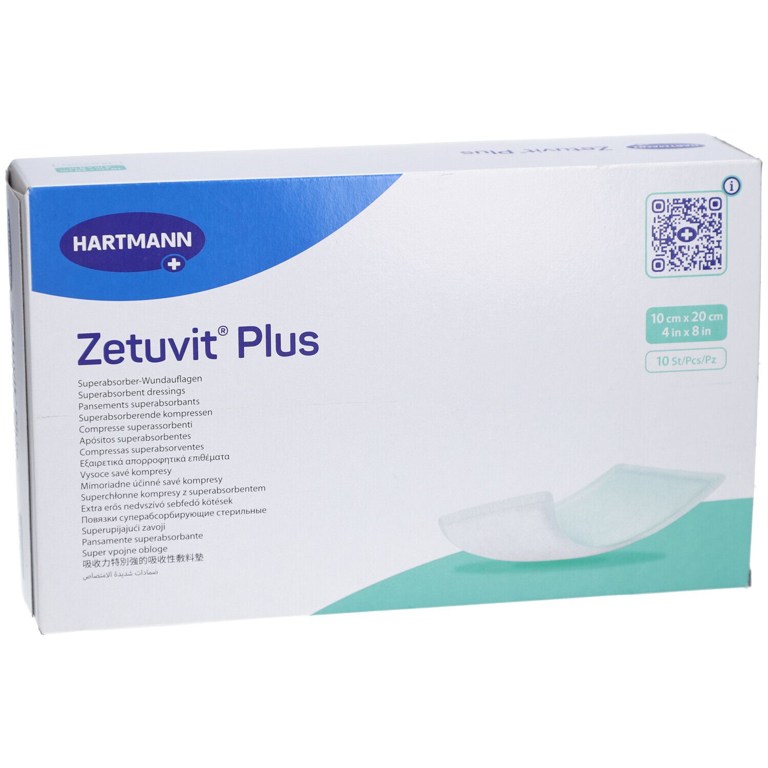 Verpackung Zetuvit Plus Superabsorber-Wundauflage 10x20 cm, 10 Stück.