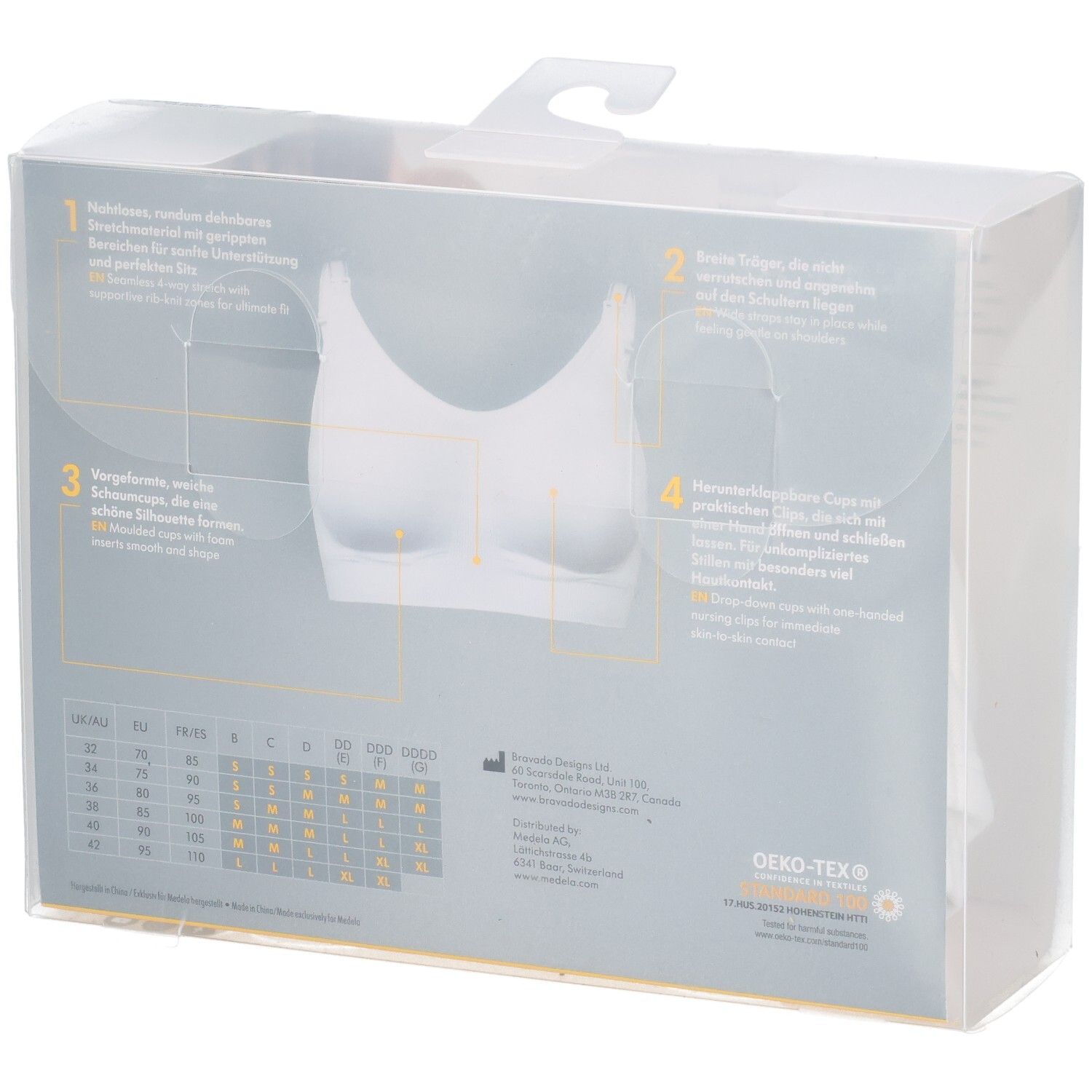 Rückseite der Verpackung des Medela BHs mit Größentabelle und Produktmerkmalen.