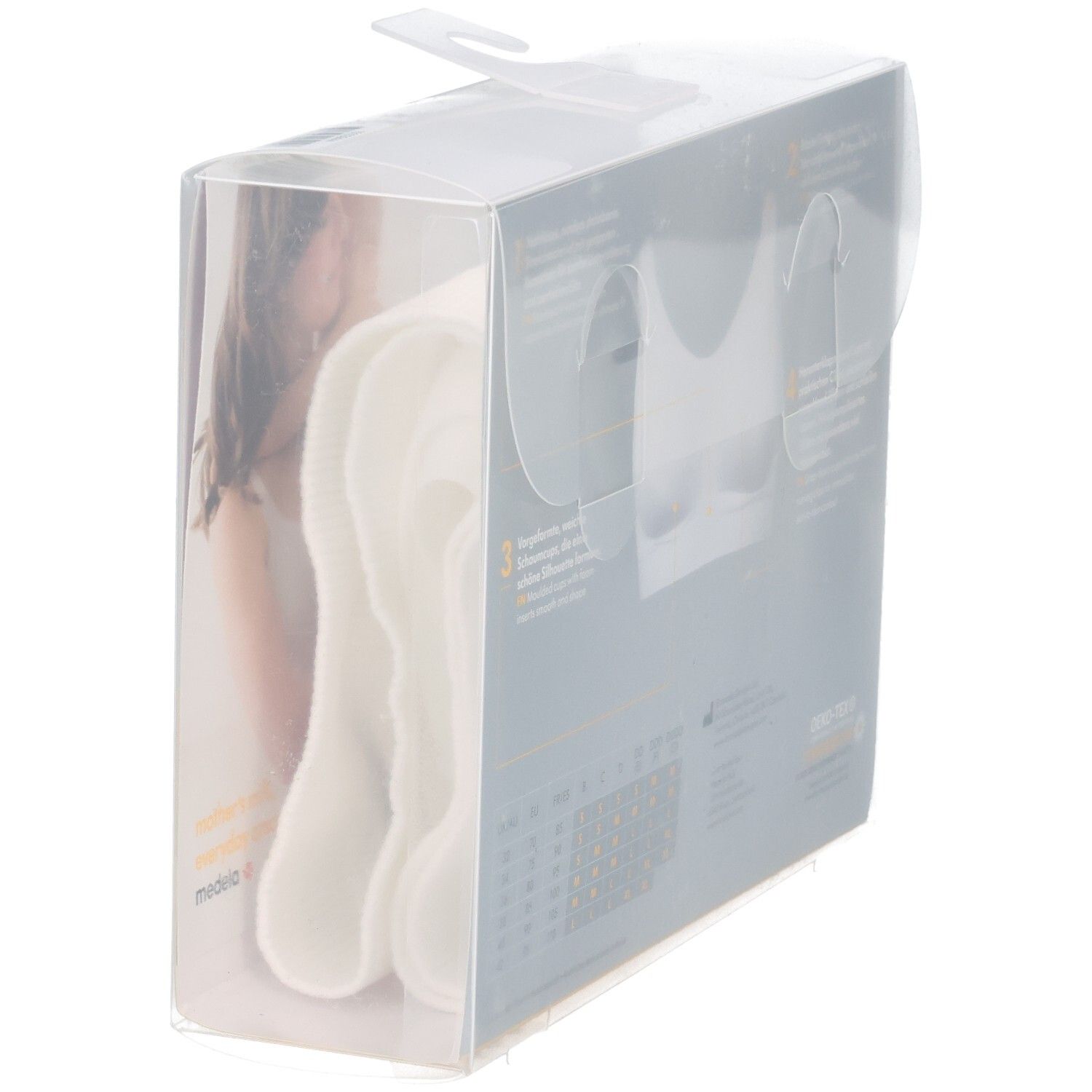 Seitenansicht der Verpackung des Medela BHs, Größe S, mit Blick auf das Produkt.