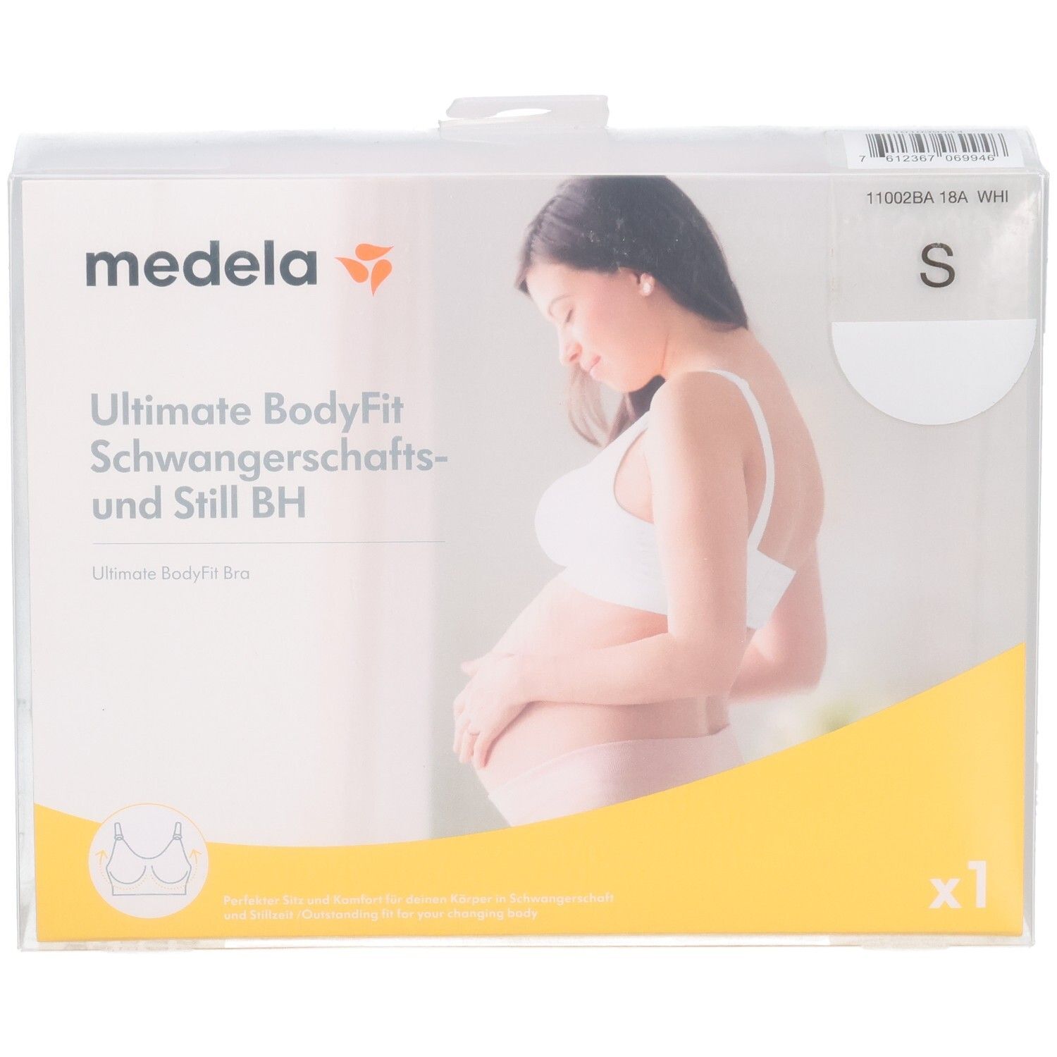 Verpackung des Medela Ultimate BodyFit Schwangerschafts- und Still-BHs in Weiß, Größe S.
