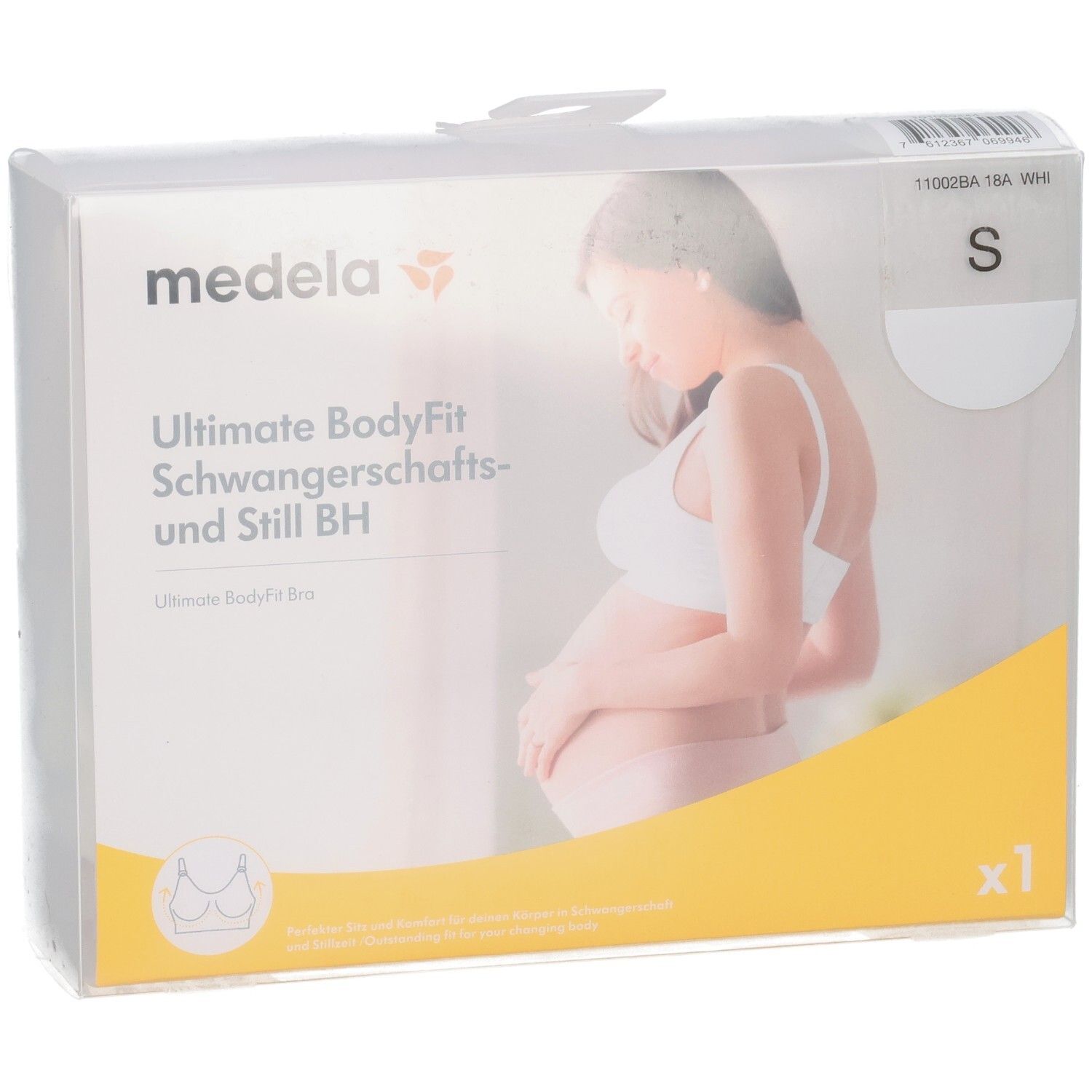 Verpackung des Medela Ultimate BodyFit Schwangerschafts- und Still-BHs in Weiß, Größe S.