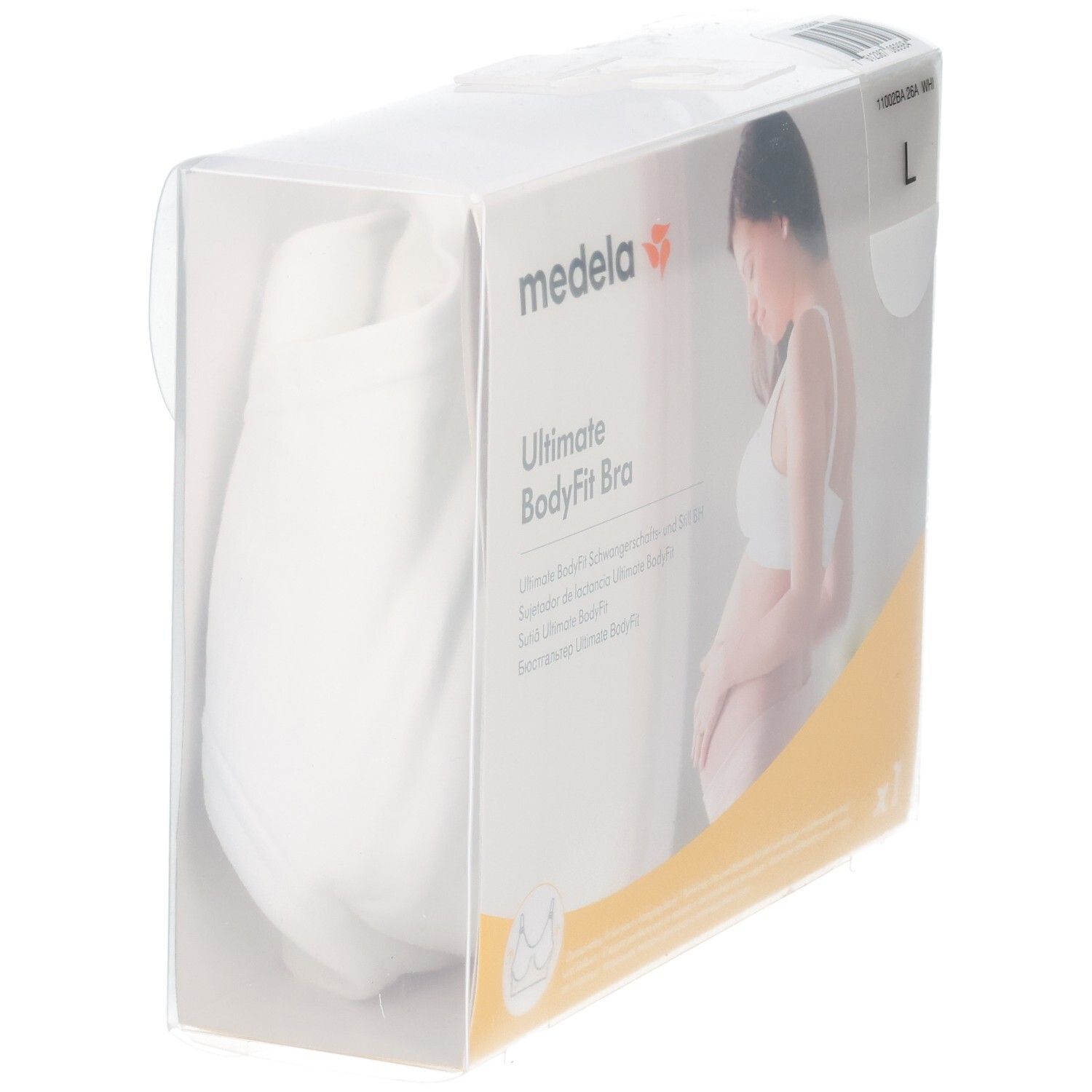 Verpackung des Medela Ultimate BodyFit BHs in Weiß, Größe L, mit seitlichem Blick auf den BH.