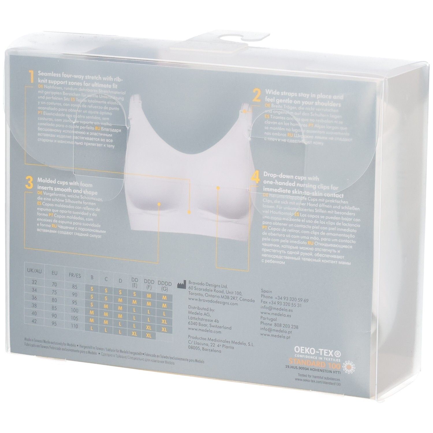 Rückseite der Verpackung des Medela Ultimate BodyFit BHs mit Details und Größentabelle.
