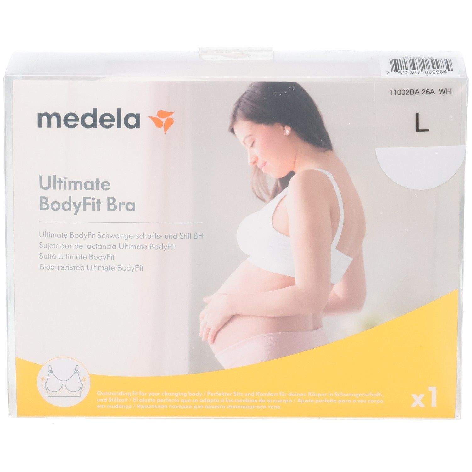 Verpackung des Medela Ultimate BodyFit BHs in Weiß, Größe L, mit Abbildung einer Schwangeren.