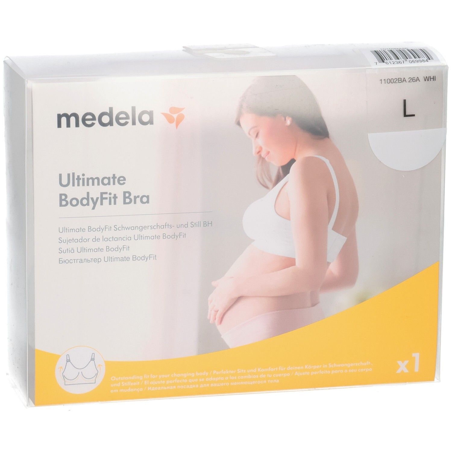 Verpackung des Medela Ultimate BodyFit BHs in Weiß, Größe L, mit Abbildung einer Schwangeren.