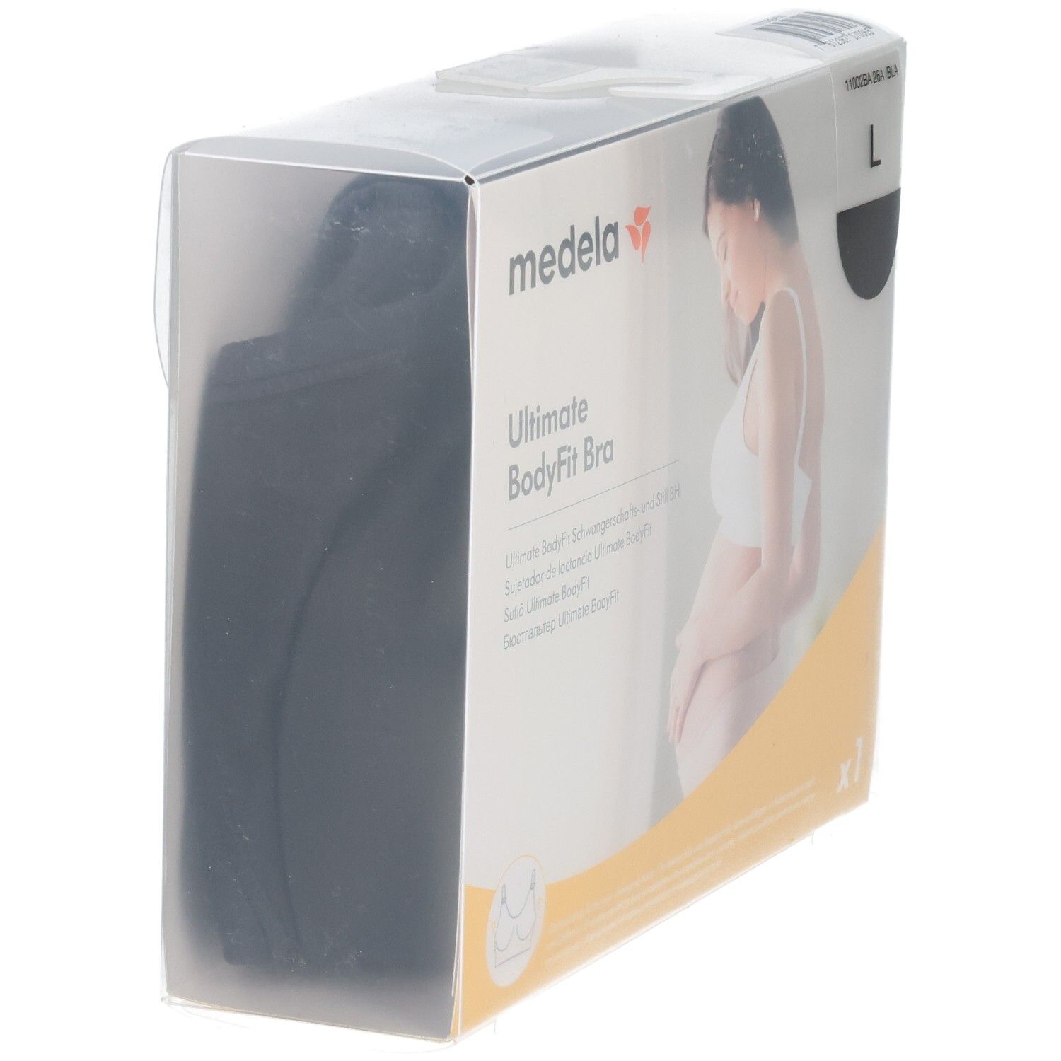 Seitenansicht der Verpackung des Medela Ultimate BodyFit BHs in Schwarz, Größe L. Der BH ist sichtbar.