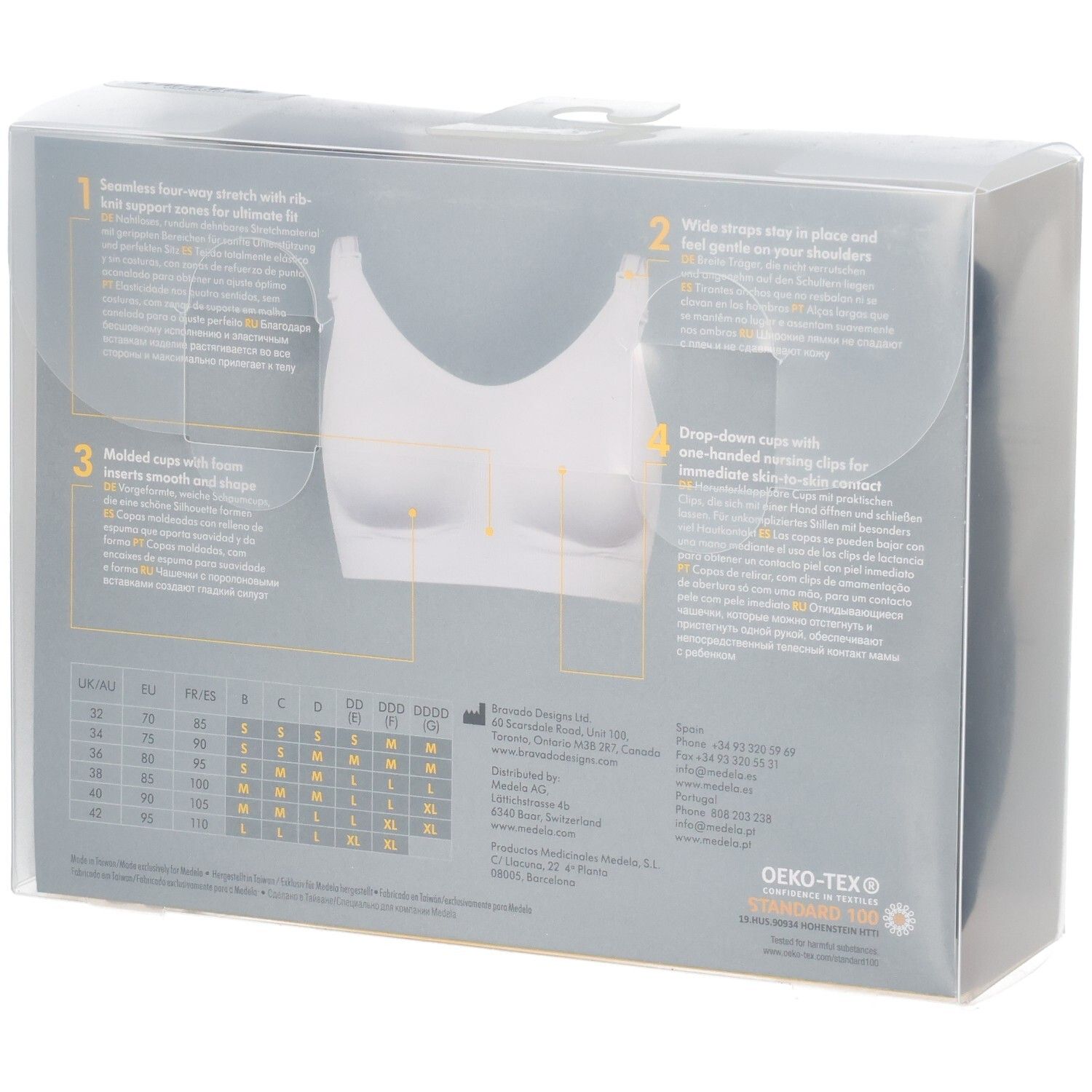 Rückseite der Medela Ultimate BodyFit BH Verpackung, Größe L, mit Details und Größentabelle. OEKO-TEX Siegel.