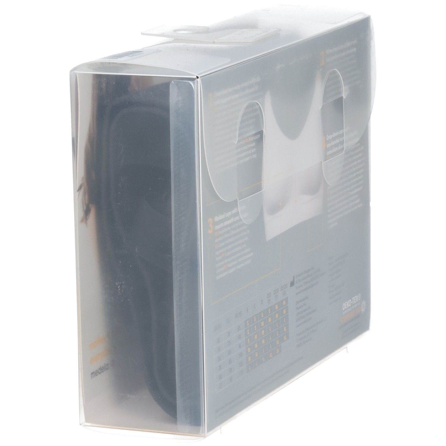 Seitenansicht der Medela Ultimate BodyFit BH Verpackung, Größe L. Der BH ist im Karton sichtbar.