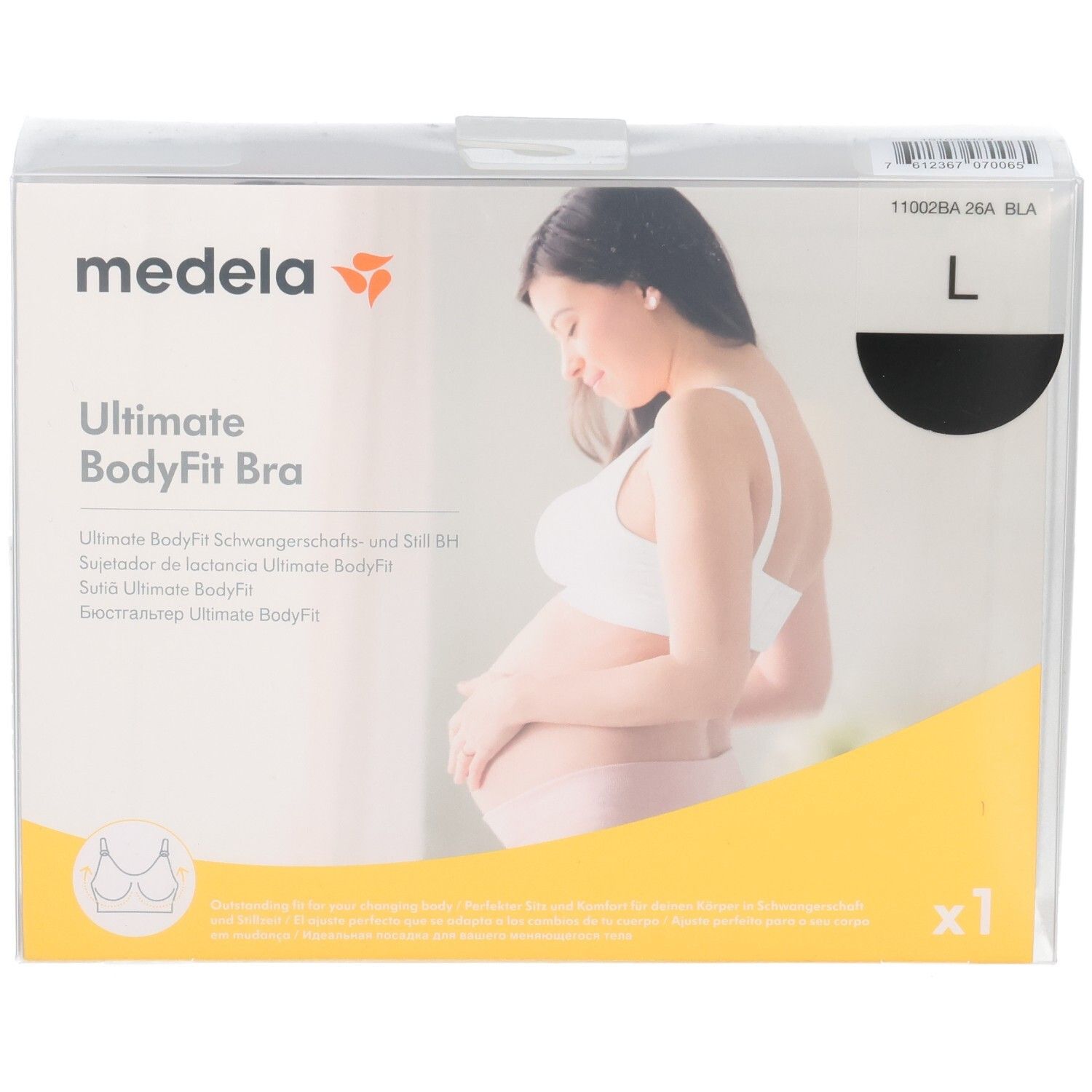 Verpackung des Medela Ultimate BodyFit BHs in Schwarz, Größe L, mit Abbildung einer Schwangeren.