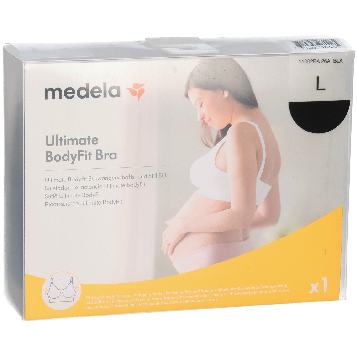 Verpackung des Medela Ultimate BodyFit BHs in Schwarz, Größe L, mit Abbildung einer Schwangeren.