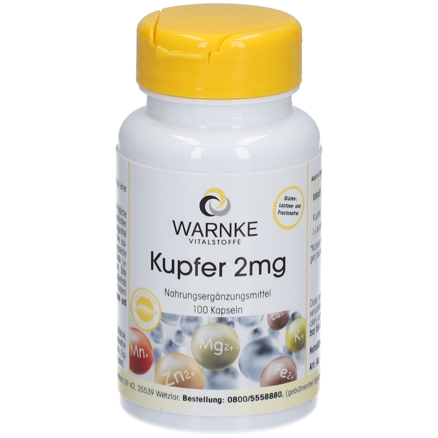 Weiße Flasche mit gelbem Deckel. Aufschrift: Warnke Vitalstoffe Kupfer 2mg. Nahrungsergänzungsmittel. 100 Kapseln. Enthält Mineralien.