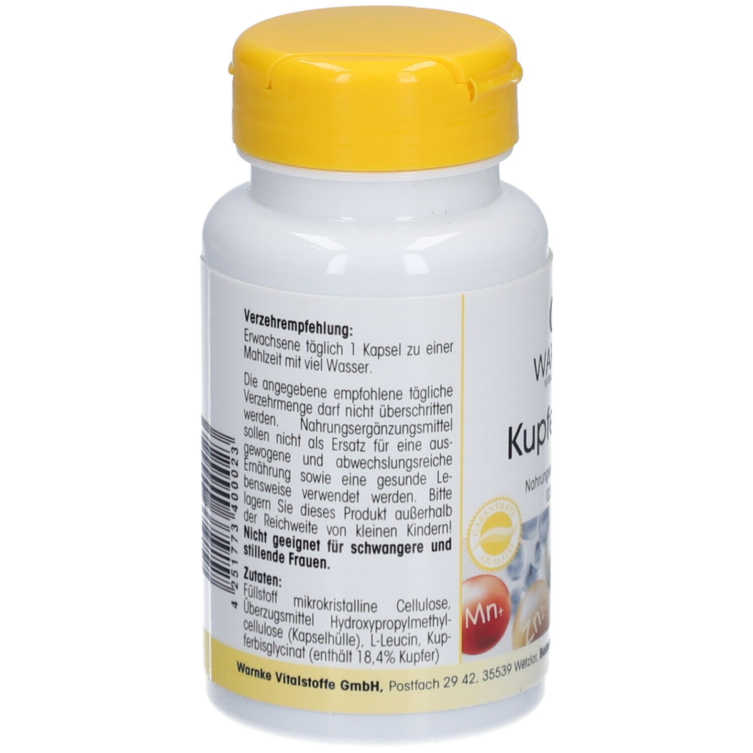 Rückseite der weißen Flasche mit gelbem Deckel. Text: Verzehrempfehlung, Zutaten. Warnke Vitalstoffe GmbH. Barcode und Warnhinweise.