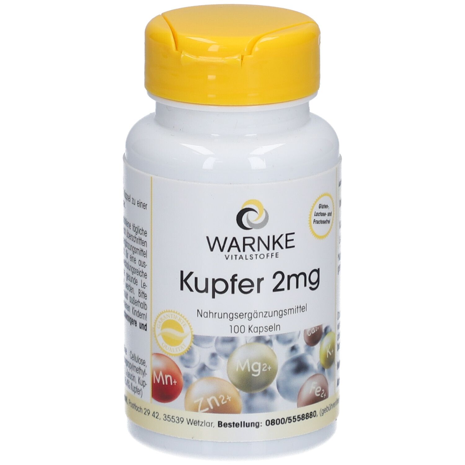 Weiße Flasche mit gelbem Deckel. Aufschrift: Warnke Vitalstoffe Kupfer 2mg. Nahrungsergänzungsmittel. 100 Kapseln. Enthält Mineralien.