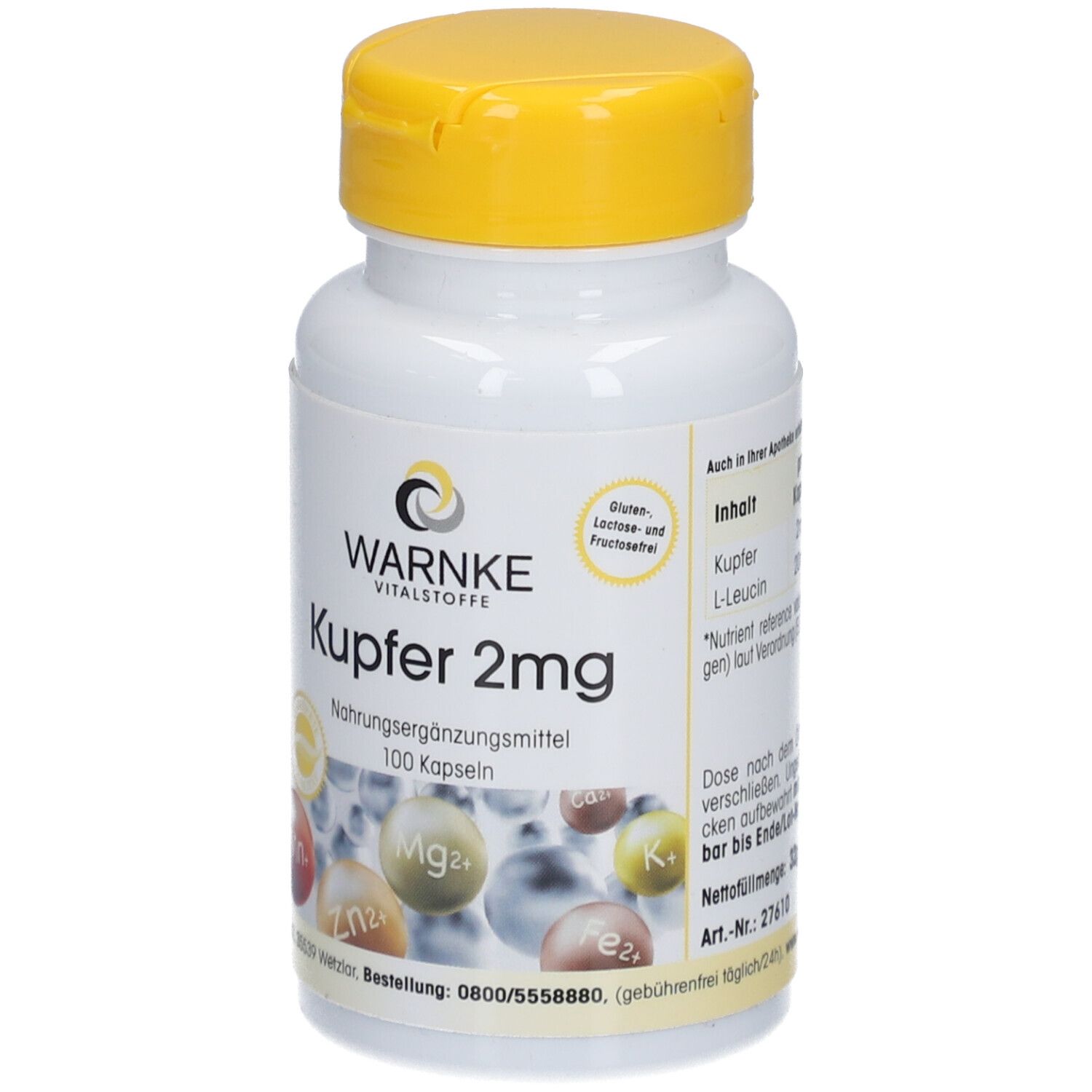 Weiße Flasche mit gelbem Deckel. Aufschrift: Warnke Vitalstoffe Kupfer 2mg. Nahrungsergänzungsmittel. 100 Kapseln. Enthält Mineralien.