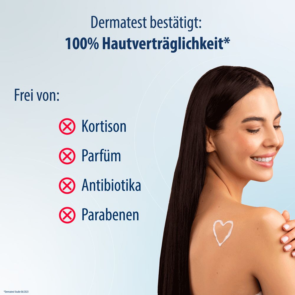 Produktverpackung und Creme-Tube. Produktname, dermatologisch getestet, frei von Kortison, Antibiotika, Parfum. 50 ml.