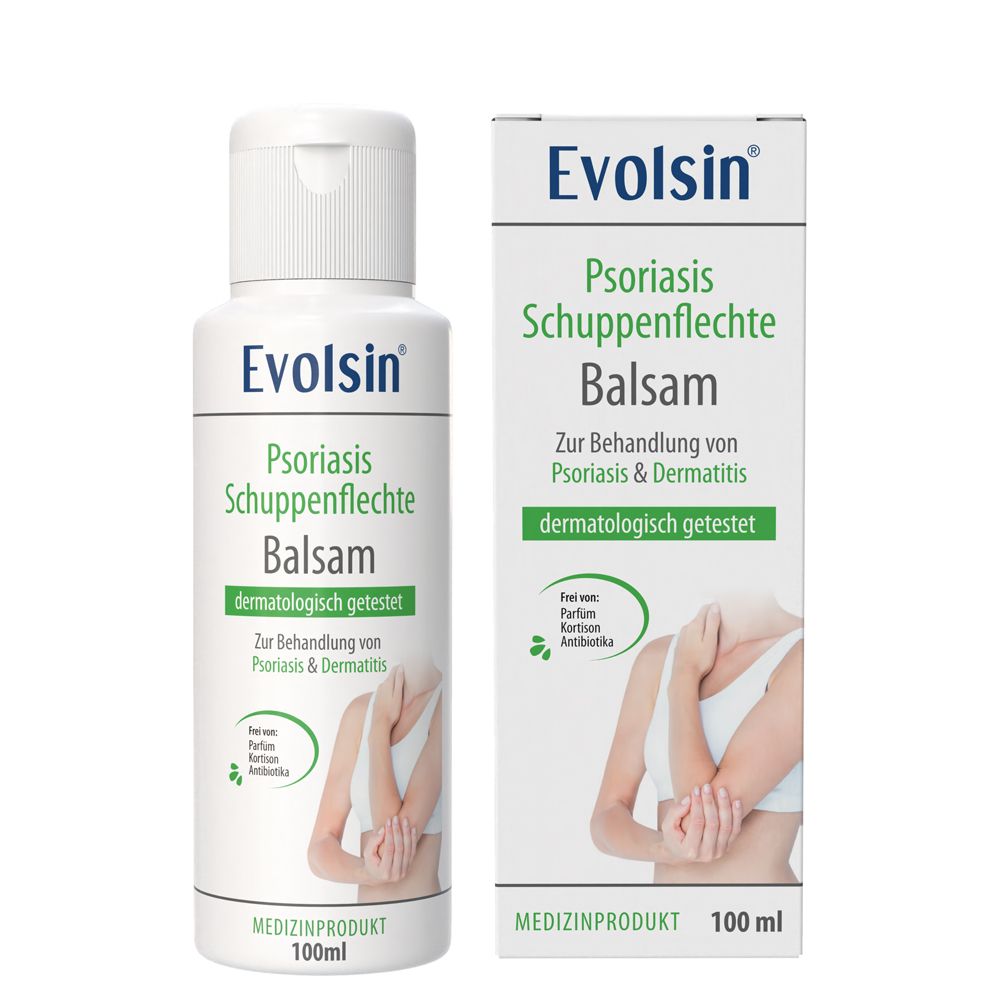 Evolsin Psoriasis Balsam Flasche und Karton.