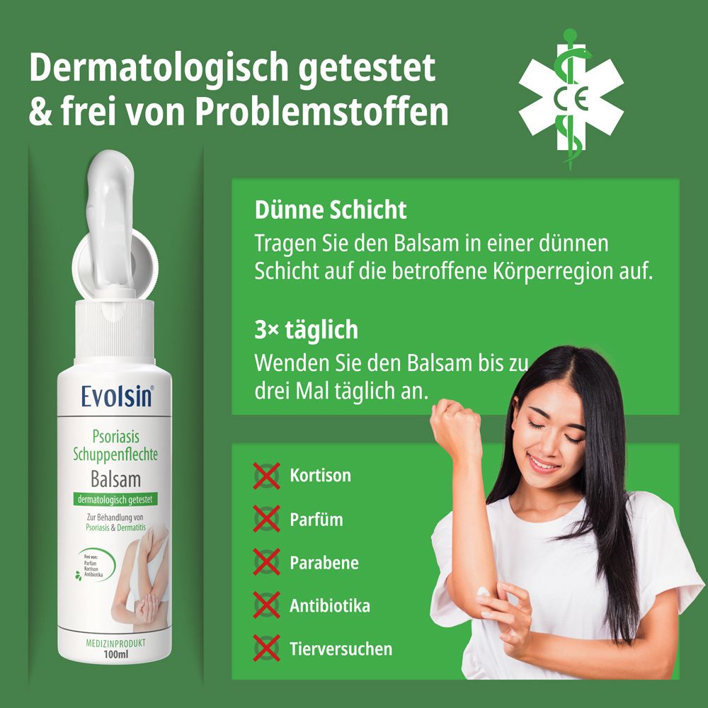 Evolsin Psoriasis Balsam: CE-zertifiziert, dermatologisch getestet.