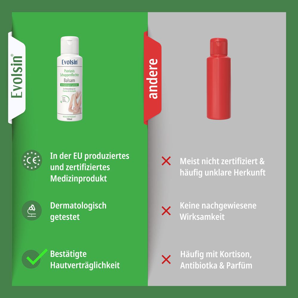 Evolsin Psoriasis Balsam: frei von Kortison, Parfüm, Parabenen, Antibiotika.
